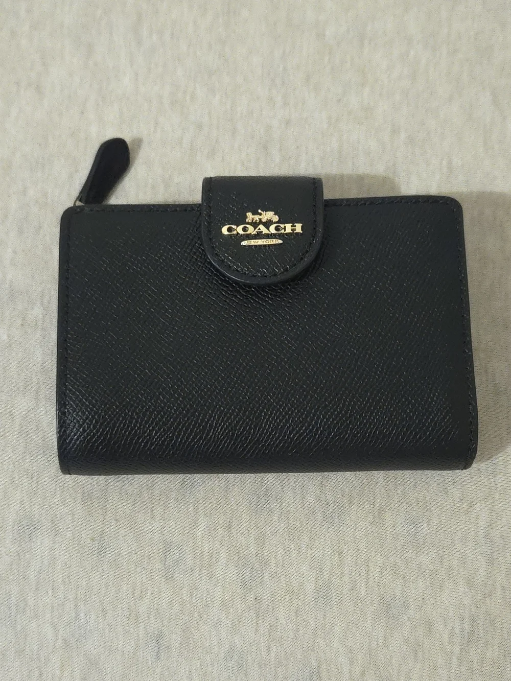 Coach Black Leather Compact Wallet with Gold Logo